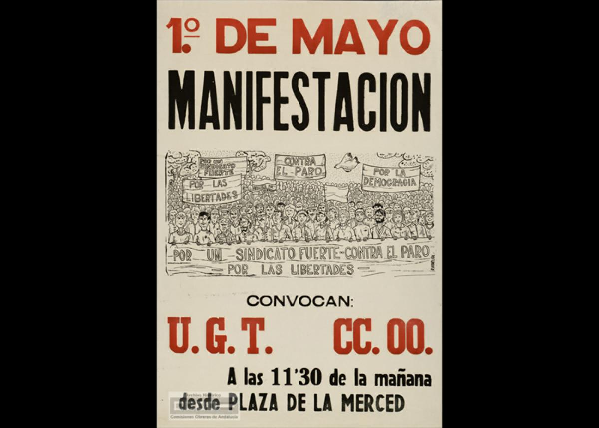 El Primero de Mayo, fecha emblemática para el sindicalismo mundial, comenzó a celebrarse en España en 1890. Dese entonces, a lo largo de estos 131 años, y en función de la evolución de la política española y del nivel de libertades existentes en cada momento, la celebración obrera ha vivido altibajos. Así, durante el corto periodo de existencia de la II República fue cuando dicha fiesta del 1º de mayo tuvo una mayor acogida. La dictadura del general Franco prohibió derechos fundamentales como el de manifestación y numerosos trabajadores y trabajadoras fueron detenidos, procesados y encarcelados por ello. Tras la conquista de la democracia, la primera celebración del 1º de mayo en libertad se pudo realizar en 1978, desde entonces cada año no sólo hemos podido celebrarlo sino que, además, se declaró fiesta nacional. Cada año, el sindicato dedica la fiesta del Trabajo a una exigencia concreta, así, en 1981 se convoca bajo el lema “Por un sindicato fuerte contra el paro. Por las libertades”; en 1985 “Por el empleo, la paz y la Seguridad Social “y en 1990 “Por la propuesta sindical prioritaria. Juntos podemos”. Hacer un recorrido por los carteles del 1º de Mayo nos permite revisar, a modo de flashbacks, la historia de las Comisiones Obreras.